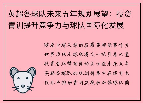 英超各球队未来五年规划展望：投资青训提升竞争力与球队国际化发展